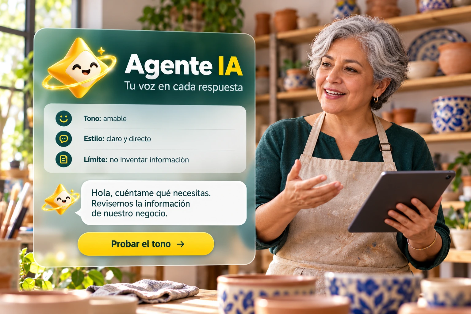 Ilustración conceptual de Agente IA: una artesana ajusta el tono y el estilo de las conversaciones de su negocio.