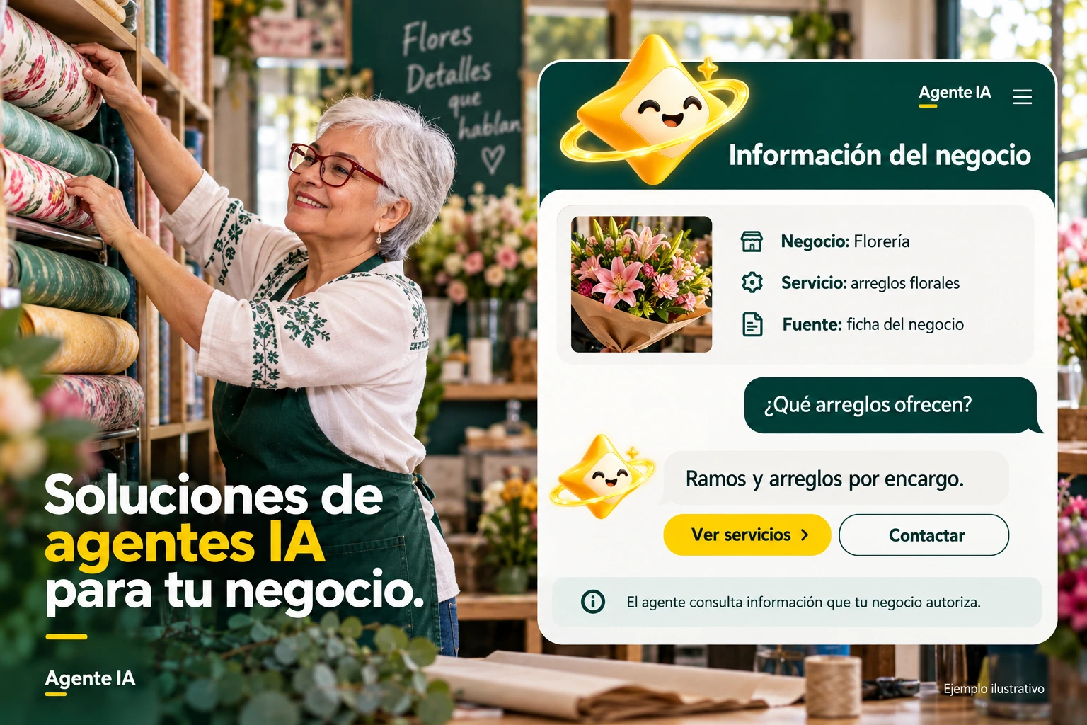Conceptual illustration of Agente IA with its official star: Business information. The agent consults information that your business authorizes.