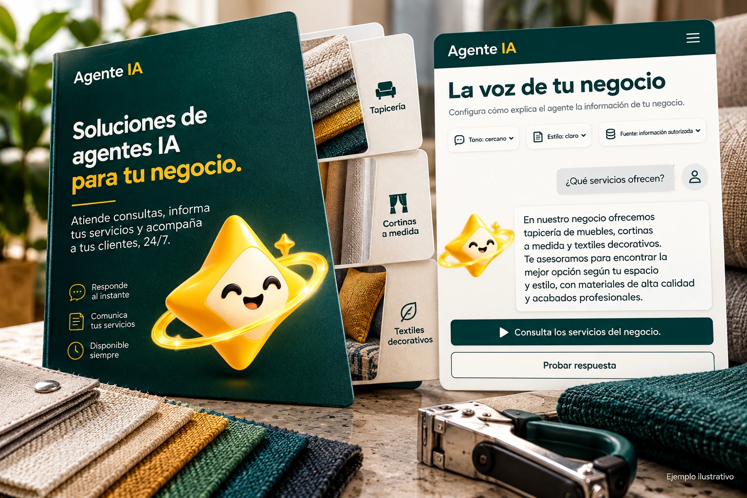 Conceptual illustration of Agente IA with its official star: The voice of your business. Configure how the agent explains your business information.
