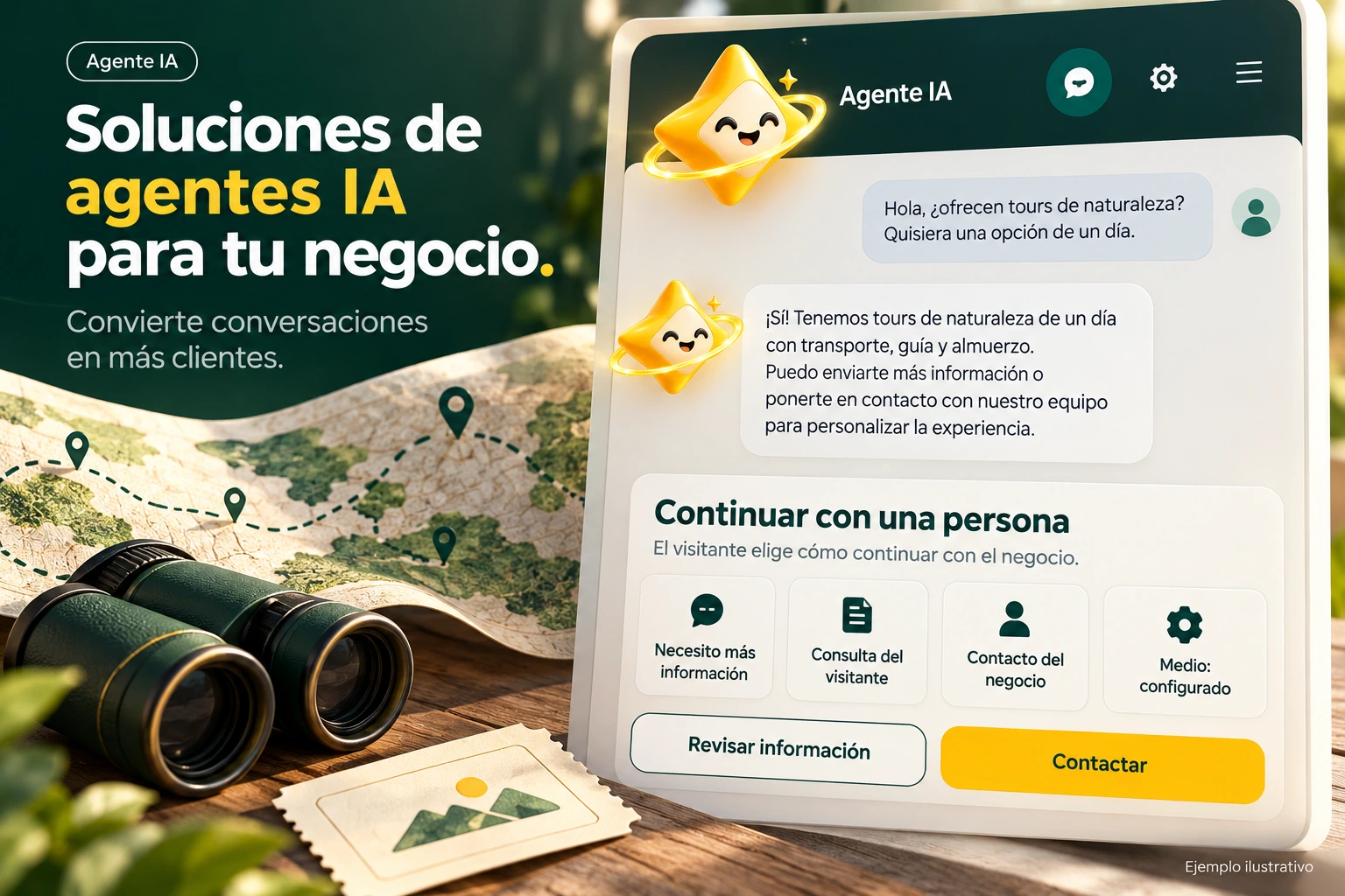 Conceptual illustration of Agente IA with its official star: Continue with a person. The visitor chooses how to continue with the business.