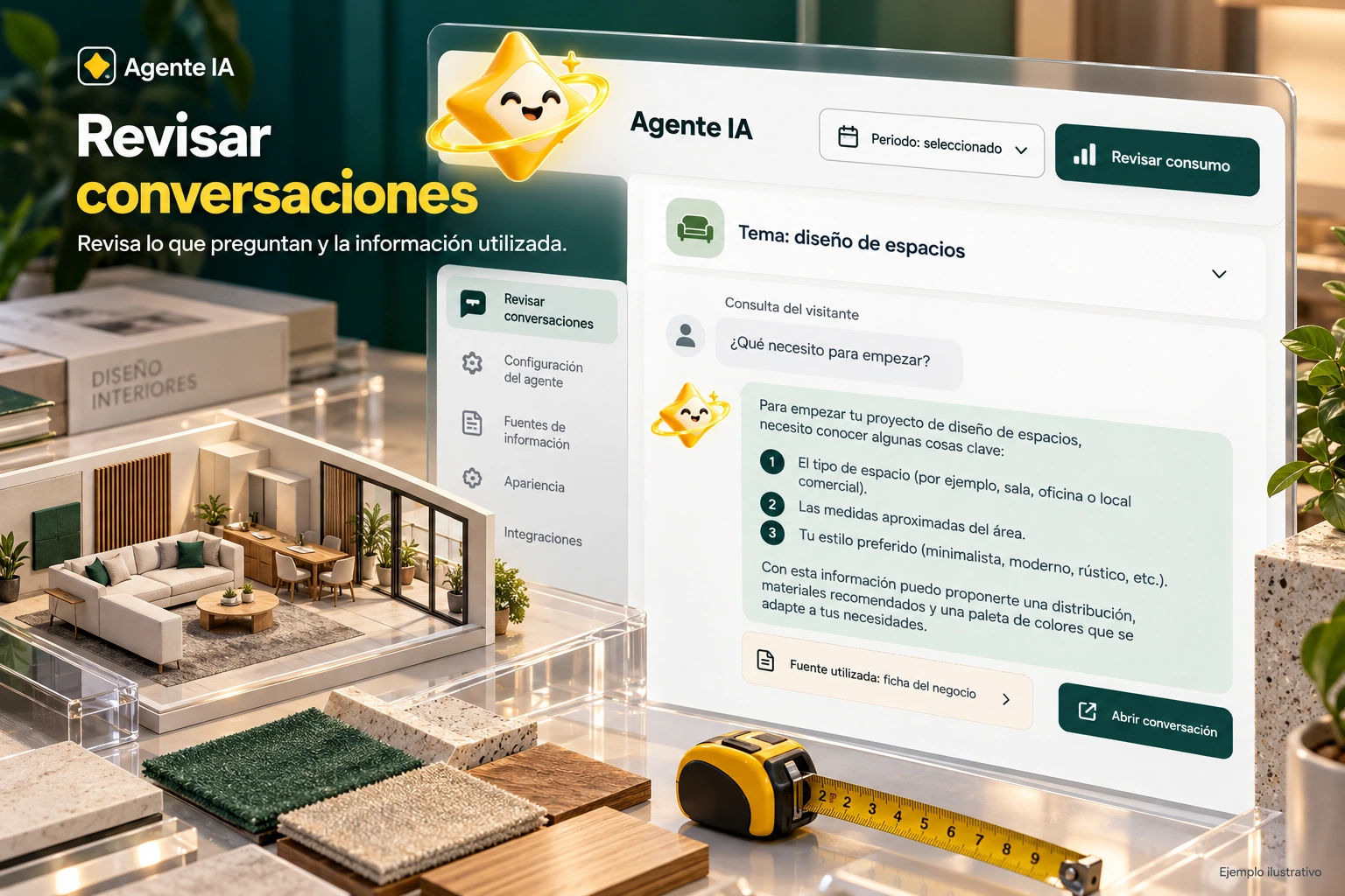 Ilustración conceptual de Agente IA con su estrella oficial: Revisar conversaciones. Revisa lo que preguntan y la información utilizada.