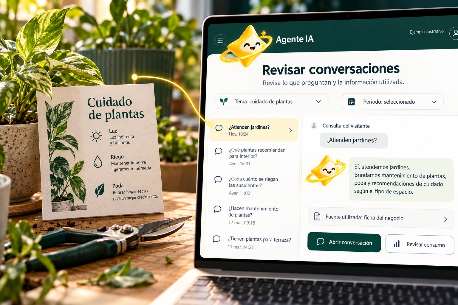 Ilustración conceptual de Agente IA con su estrella oficial: Revisar conversaciones. Revisa lo que preguntan y la información utilizada.