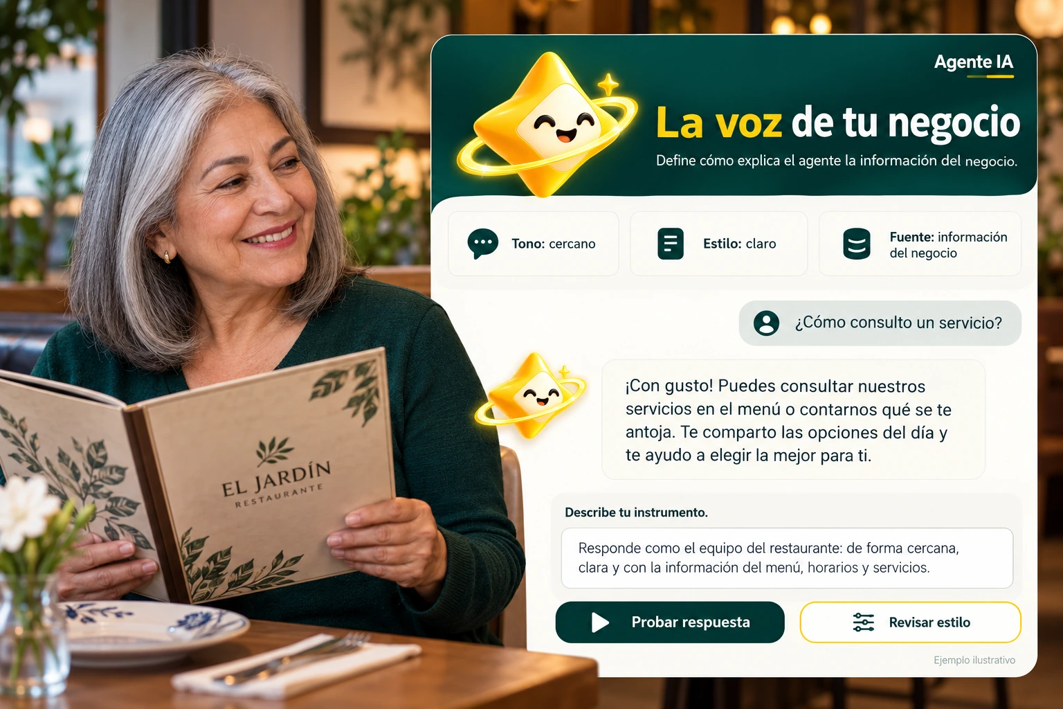 Conceptual illustration of Agente IA with its official star: The voice of your business. Defines how the agent explains business information.