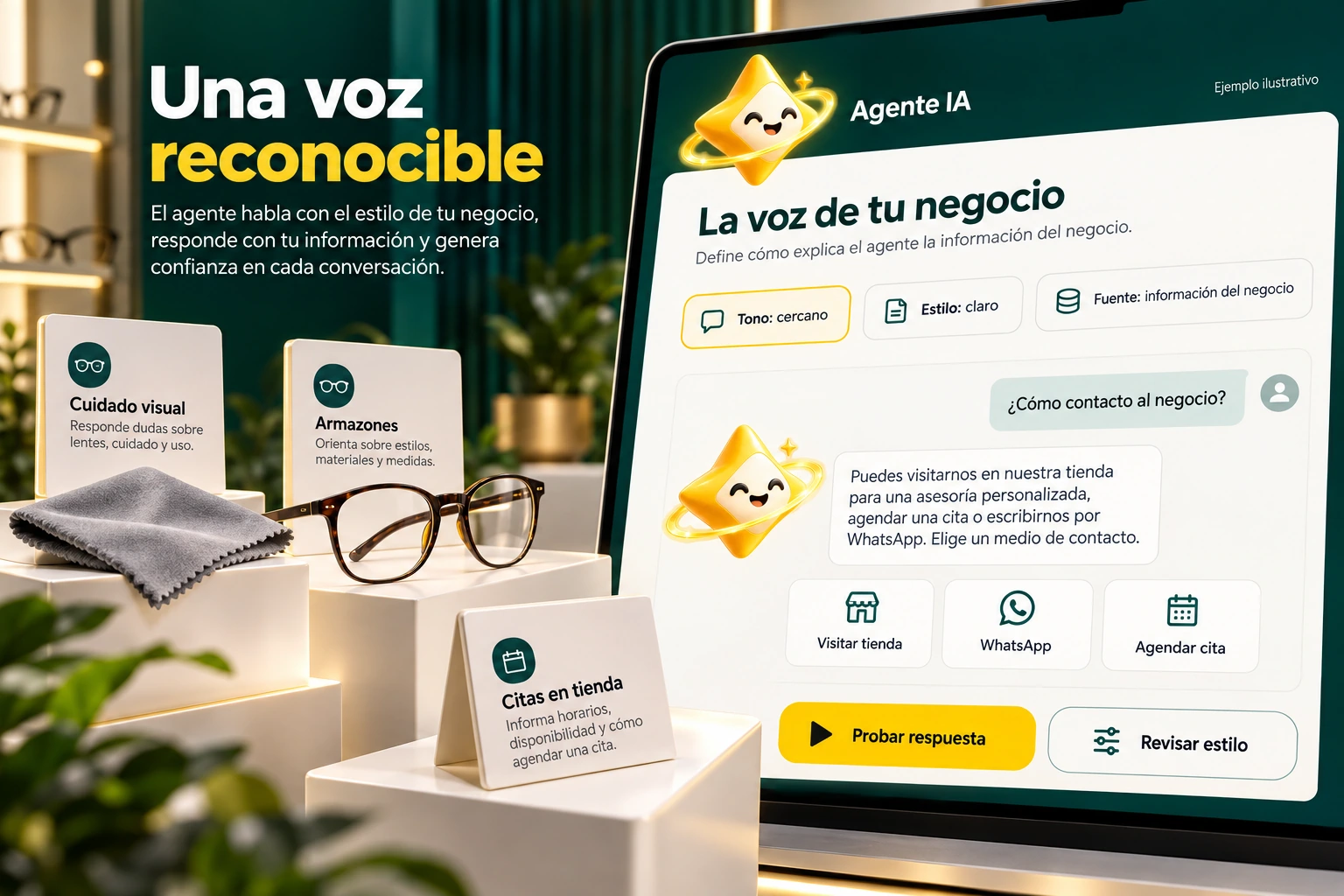 Conceptual illustration of Agente IA with its official star: The voice of your business. Defines how the agent explains business information.