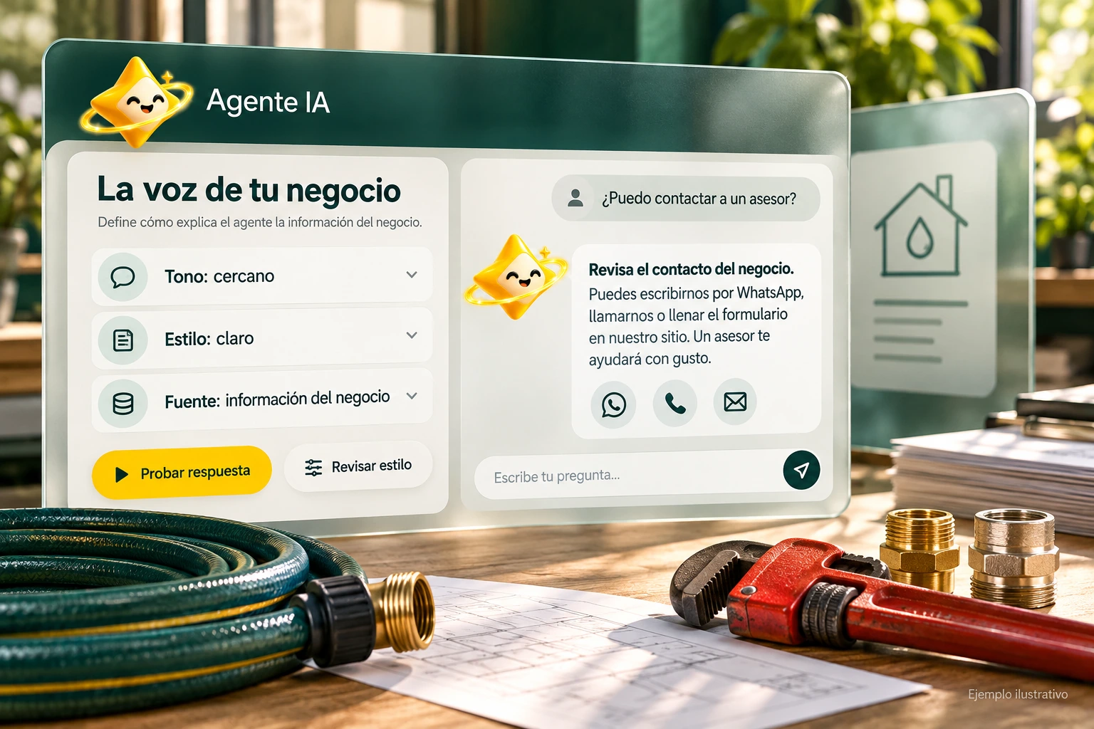 Conceptual illustration of Agente IA with its official star: The voice of your business. Defines how the agent explains business information.